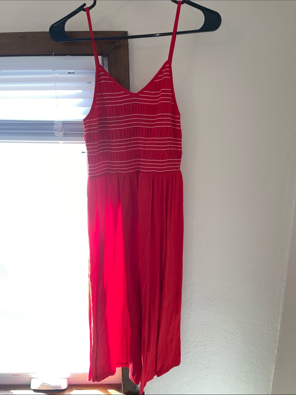 Red Smocked Midi Dress with Spaghetti Straps